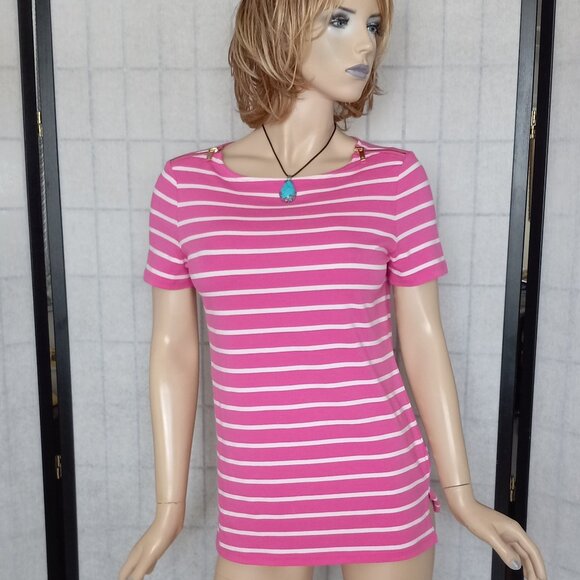 MICHAEL Michael Kors Boat Neck Pink/White Striped Top with Gold Zipper Sleeves S - Picture 2 of 9